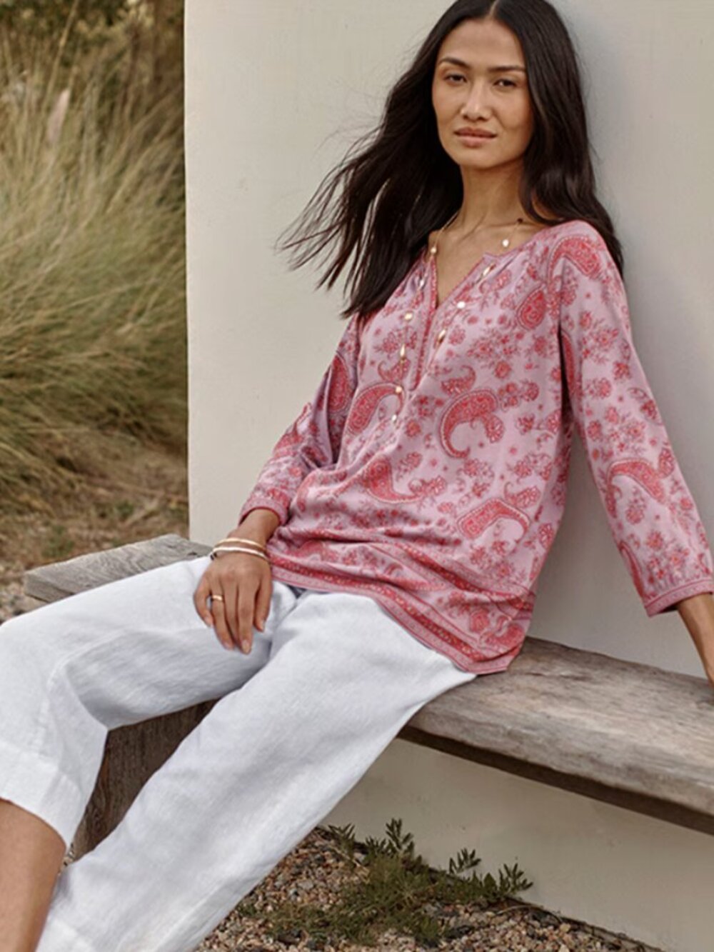 J Jill Pure Split Neck Top Blouse 3/4 Sleeves Paisley Print Boho Women's Small P